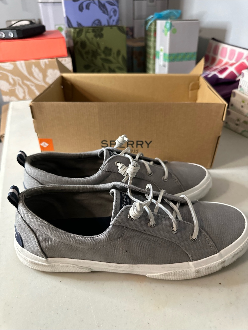 Sperry Gray Canvas Boat Shoes with White Soles